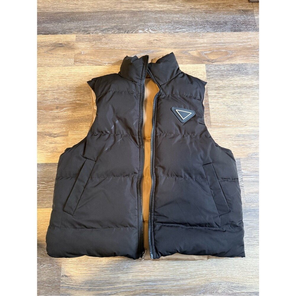 Reversible Puffer Vest Tan Black Triangle Logo Zip Up Quilted Vest S/M
